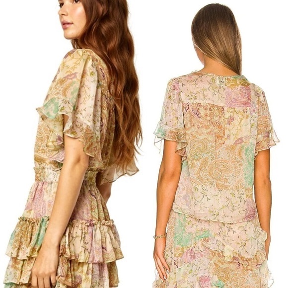 MISA Chiffon Floral Paisley Patchwork Flutter Short Sleeve Button Front Top XS - Picture 3 of 11